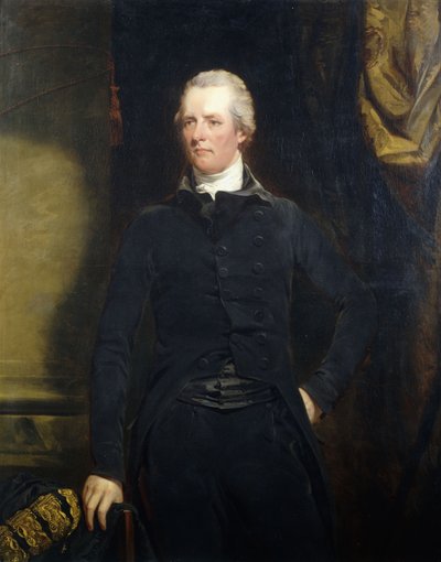 Portret van William Pitt, staand driekwart lengte in een donker jasje en broek door John Hoppner
