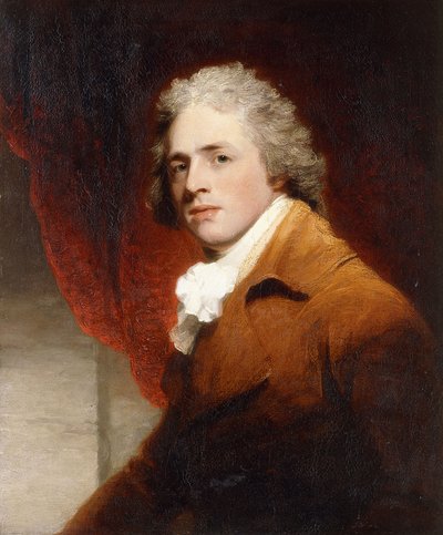 Portret van een Heer, Halflang, in een Bruine en Witte Stropdas, een Rode Gordijn Achter door John Hoppner