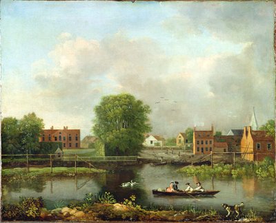 Een rivierlandschap, mogelijk een uitzicht vanaf het westelijke einde van de Rochesterbrug, 1800-10 door John Inigo Richards