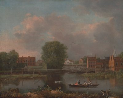 Een rivierlandschap, mogelijk een uitzicht vanaf het westelijke uiteinde van de Rochester-brug door John Inigo Richards RA