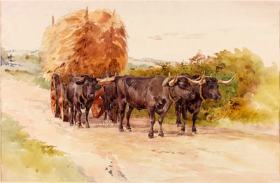 Landschap met ossen die een hooiwagen trekken door John Isaac Richardson