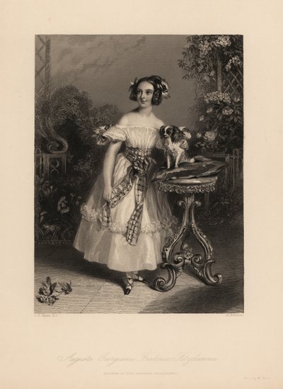 Augusta Georgina Frederica Fitzclarence, dochter van Lord Frederic Fitzclarence, onwettige zoon van Koning Willem IV. Ze draagt haar haar in krullen en linten, en draagt een off-the-shoulder jurk met een sjerp, houdt een King Charles spaniel op een kussen door John James (after) Chalon