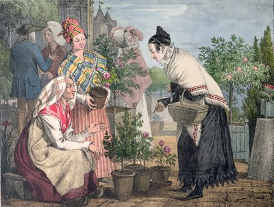 De bloemenmarkt, Parijs, gegraveerd door Charles Joseph Hullmandel (1789-1850), gepubliceerd in 1821 door John James Chalon