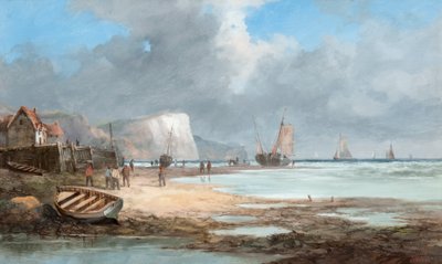Zeegezicht met vissersboten en een huis door John James Wilson