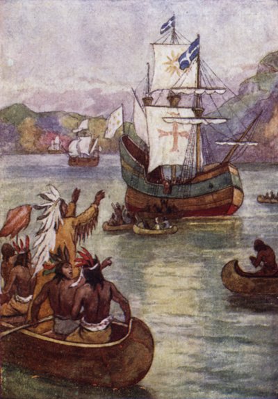 De schepen van de Franse ontdekkingsreiziger Jacques Cartier op de St. Lawrence-rivier, Canada door John Jellicoe