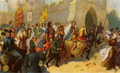 Koning Edward III en zijn edelen begeleiden Philippa van Henegouwen naar York door John Jellicoe