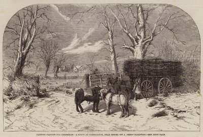 Kersttakken vervoeren, een scène in Chessington, nabij Epsom door John Jessop Hardwick