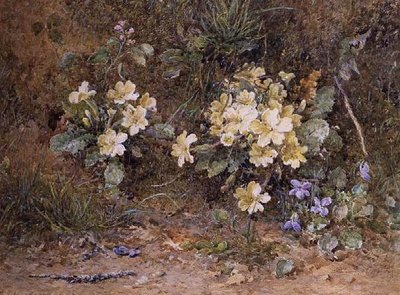 Sleutelbloemen en viooltjes op een mosrijke oever door John Jessop Hardwick
