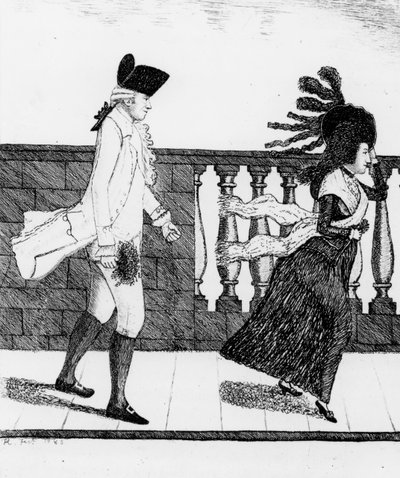 Dr. James Graham loopt over de North Bridge in een harde wind, 1785 door John Kay