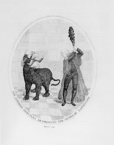 De Moderne Hercules vernietigt de Hydra van Fanatisme, 1789 door John Kay