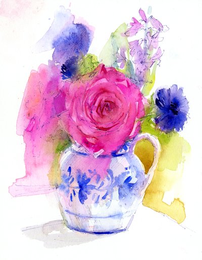 Roos en korenbloemen in kan door John Keeling