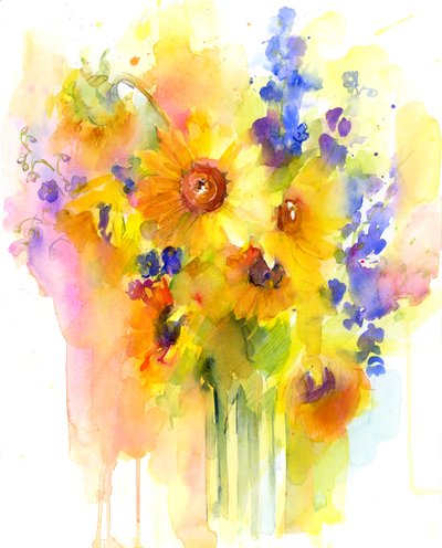 Zonnebloemen en ridderspoor, 2016 door John Keeling