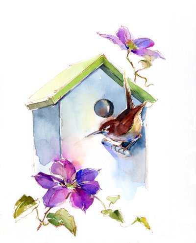Winterkoning met vogelhuisje en clematis, 2016 door John Keeling