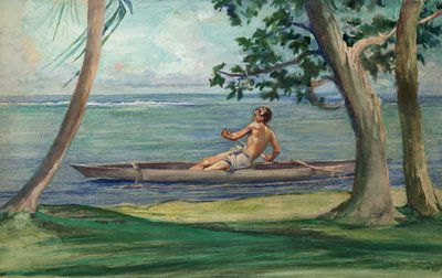 Jongen in kano die voor ons huis langs vaart, Vaiala, Samoa door John La Farge