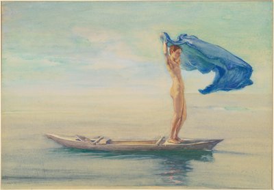 Meisje in Boeg van Kano die Haar Lendendoek als Zeil Spreidt, Samoa door John La Farge