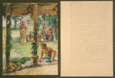 Presentatie van geschenken van voedsel op Manono-eiland, Samoa door John La Farge