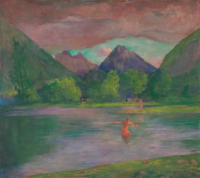 De ingang van de Tautira-rivier, Tahiti. Visser die een vis spiest door John La Farge