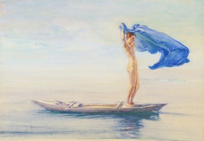 Meisje in de boeg van een kano die haar lendendoek als zeil spreidt, Samoa, ca. 1895-96 door John La Farge or Lafarge