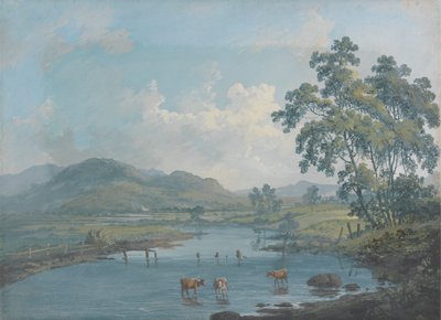 Rivierlandschap met vee dat drinkt door John Laporte
