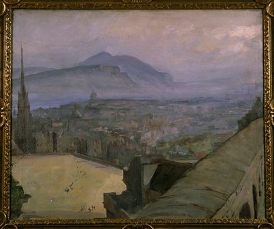 Een Uitzicht op Edinburgh vanaf het Kasteel, kijkend over de Esplanade naar Arthur
