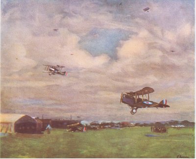 Een vliegveld in, 1918, uit British Adventure gepubliceerd door Collins, 1947 door John Lavery