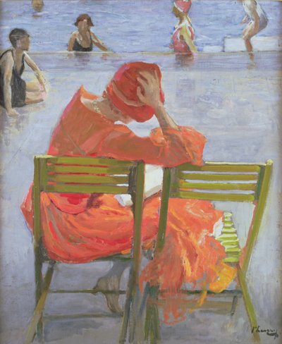 Meisje in een rode jurk leest bij een zwembad door John Lavery
