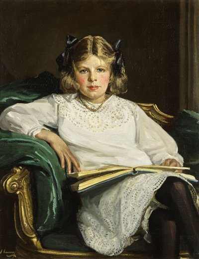 Portret van Betty, driekwart lengte zittend, een boek lezend door John Lavery