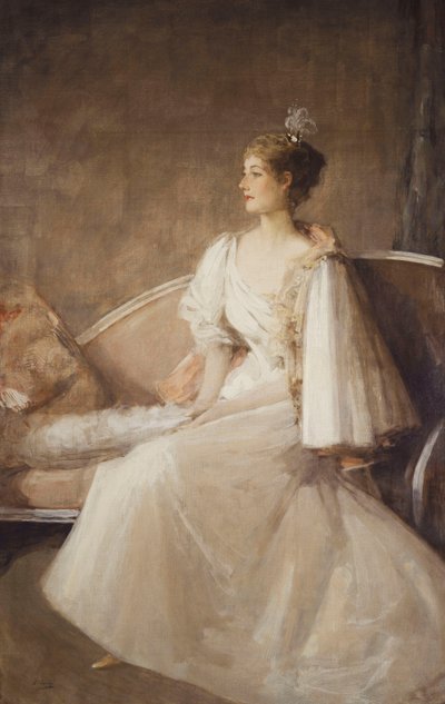 Portret van een dame zittend op een sofa door John Lavery