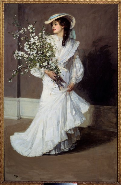 Lente. Allegorie van de lente: portret van een vrouw gekleed in wit met een boeket bloemen. Schilderij door Sir John Lavery (1856-1941) door John Lavery