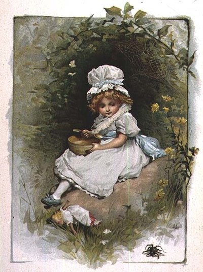Kleine Miss Muffet, uit een geïllustreerd boek met kinderrijmpjes door John Lawson