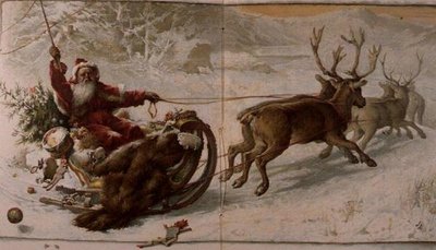 Kerstman die zijn slee door de sneeuw rijdt, uit 