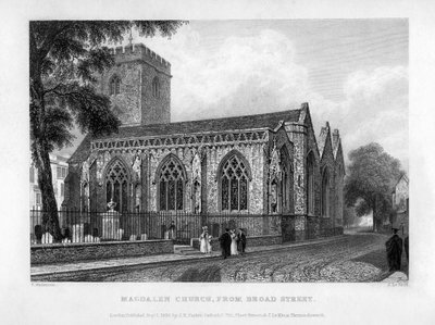 Magdalen Kerk, vanaf Broad Street, Oxford door John Le Keux