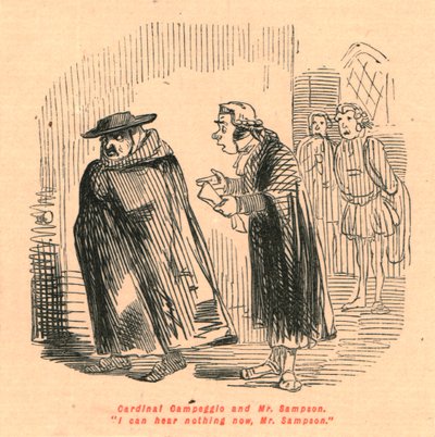 Kardinaal Campeggio en Mr. Sampson. Ik kan nu niets horen, Mr. Sampson., 1897 door John Leech
