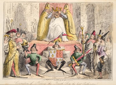 Kroning van Hendrik IV. (volgens de beste bronnen), uit The Comic History of England, uitgegeven 1864 (handgekleurde ets) door John Leech