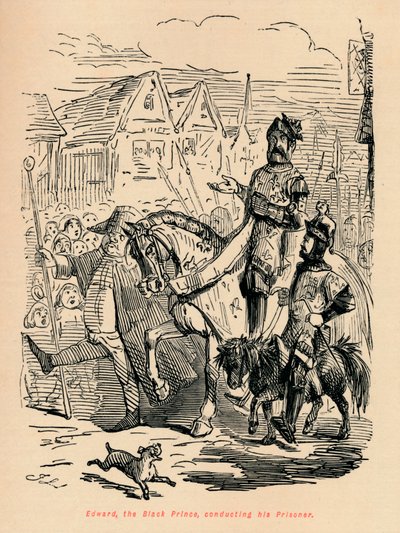Edward de Zwarte Prins, die zijn gevangene begeleidt, ca. 1860 door John Leech