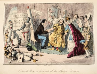 Edwards arm in de handen van zijn medische adviseurs, uit The Comic History of England, pub. 1864 door John Leech