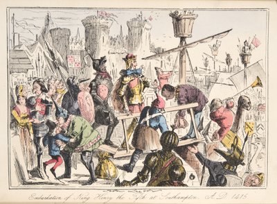 Inscheping van Hendrik V. in Southampton, AD 1415, uit The Comic History of England, uitgegeven 1864 (handgekleurde ets) door John Leech