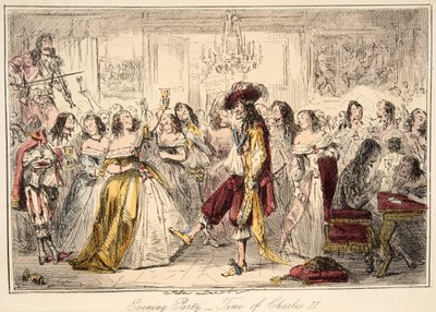 Avondfeest - Tijd van Karel de Tweede, uit The Comic History of England, uitgegeven 1864 (handgekleurde ets) door John Leech