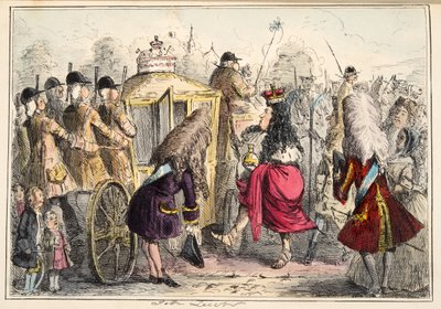 Georgey Porgey de Eerste gaat uit rijden in zijn staatskoets, uit The Comic History of England, uitgegeven 1864 (handgekleurde ets) door John Leech