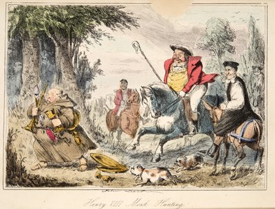 Hendrik VIII op monnikenjacht, uit The Comic History of England, uitgegeven 1864 (handgekleurde ets) door John Leech