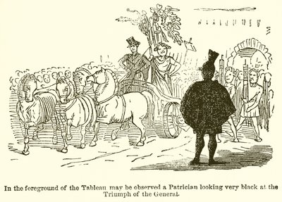 Op de voorgrond van het tableau is een patriciër te zien die erg zwart kijkt naar de triomf van de generaal door John Leech
