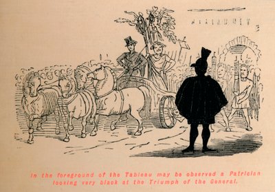 Op de voorgrond van het tableau is een patriciër te zien die erg zwart kijkt naar de triomf van de door John Leech