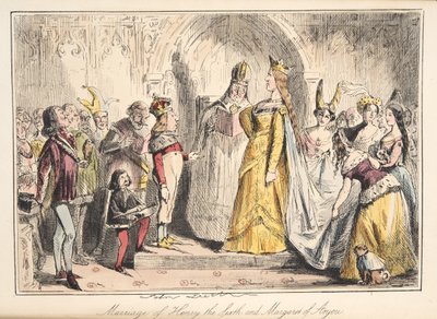 Huwelijk van Hendrik VI met Margaretha van Anjou, uit The Comic History of England, uitgegeven 1864 (handgekleurde ets) door John Leech