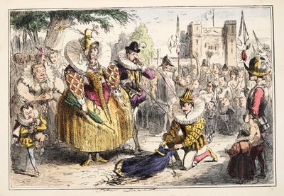 Koningin Elizabeth en Sir Walter Raleigh, uit The Comic History of England, uitgegeven 1864 (handgekleurde ets) door John Leech