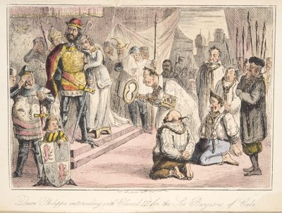 Koningin Philippa die tussenbeide komt bij Edward III voor de zes burgers van Calais, uit The Comic History of England, uitgegeven 1864 (handgekleurde ets) door John Leech