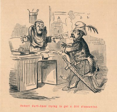 Robert Curthose probeert een rekening te laten disconteren, c1860 door John Leech