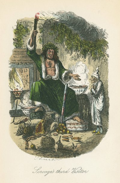 De Geest van Kerstmis Tegenwoordig verschijnt aan Scrooge. Illustratie door John Leech (1817-64) voor Charles Dickens