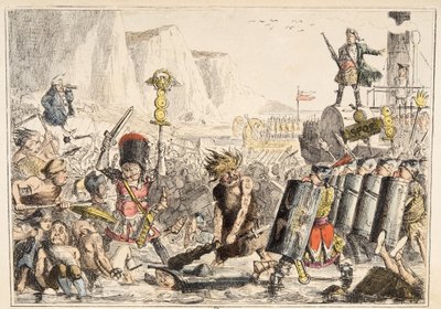 De landing van Julius Caesar, uit The Comic History of England, uitgegeven 1864 (handgekleurde ets) door John Leech