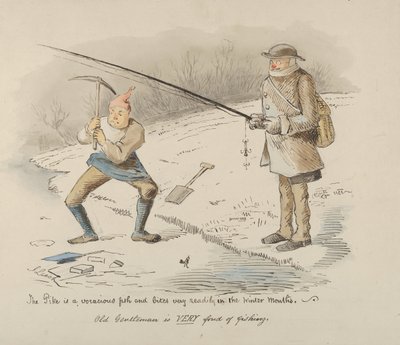 De Snoek is een vraatzuchtige vis en bijt gemakkelijk in de Wintermaanden-Oude Heer..., 1830-64 door John Leech