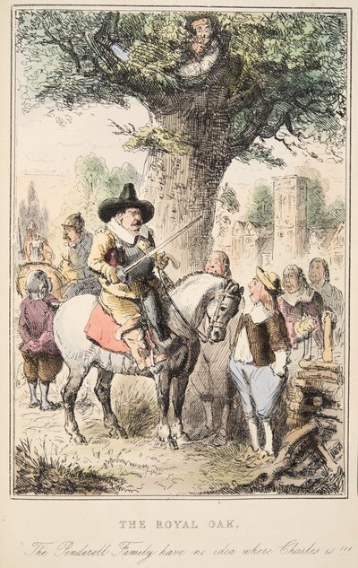 De Koninklijke Eik. De familie Penderell heeft geen idee waar Karel is!!!, uit The Comic History of England, uitgegeven 1864 (handgekleurde ets) door John Leech